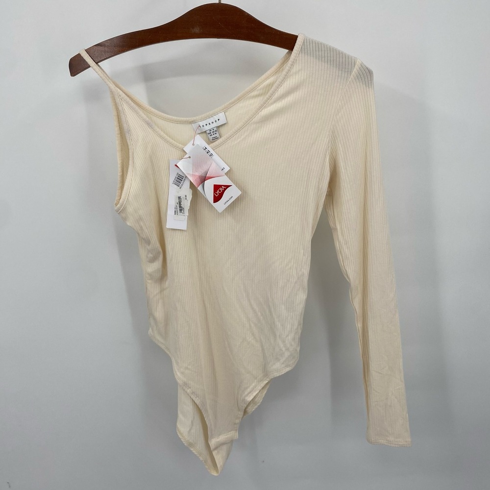 NWT TOPSHOP Women's 8-10 Asymmetric Long Sleeve Bodysuit Cream Viscose Lycra